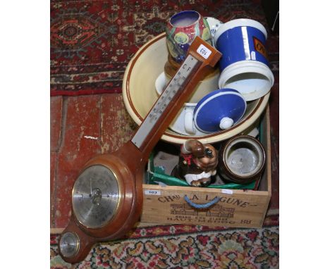 A box of stoneware and ceramics including two stoneware storage jars, decorative vase, banjo barometer etc.