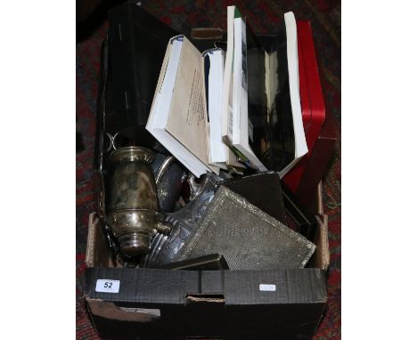 A box of assorted metalwares including silver plate, cocktail shaker, soda syphon, quartz mantel clock and silhouette miniatu