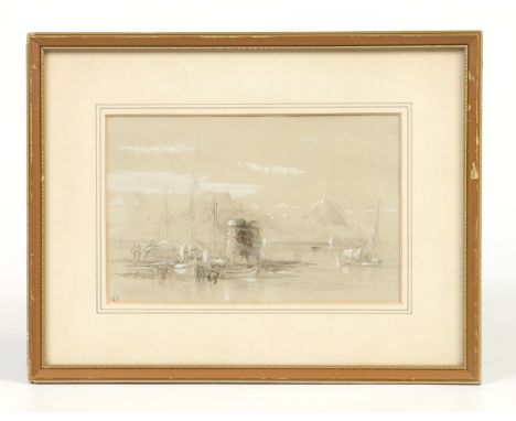 Manner of Thomas Charles Leeson Rowbotham. Small framed pencil sketch heightened in white. Swiss lake scene with boats, 14.5c