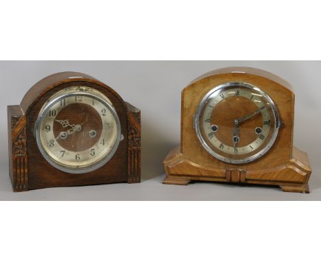 A walnut cased Westminster chime mantel clock along with a oak cased mantel clock chiming on a coiled gong.