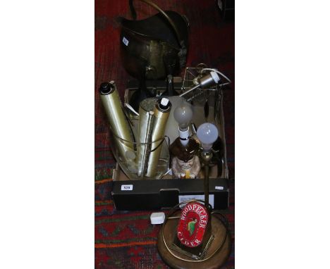 A box of miscellaneous glasswares, ceramic Toby jug lamp, brass helmet shaped coal bucket and silvered teapot etc.