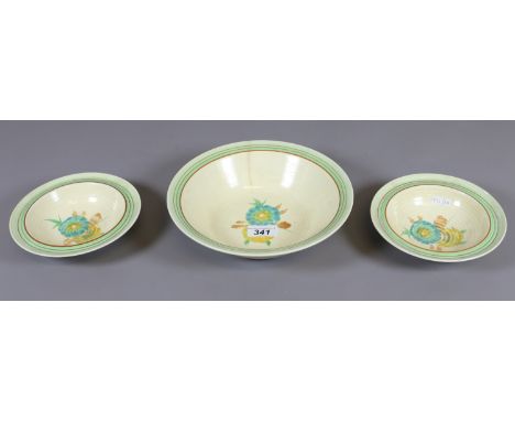 A pair of Wilkinson pottery Clarice Cliff fruit bowls and larger bowl decorated in the Viscaria pattern.