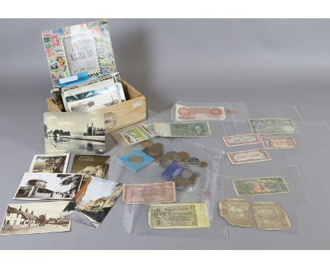 A collection of British pre-decimal coins, British, Commonwealth and continental bank notes, boys stamp album and a collectio