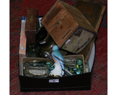 A small box containing a quantity of items to include glass paperweight, printing block, C.A.O Criollo cigar box etc.