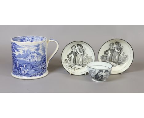 A Don pottery pearlware teabowl and two saucers printed in black with the dancing dog pattern and a stone china blue printed 