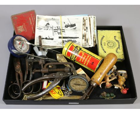 A tray of collectables to include postcards, John Bull British indicators Ltd gauge, Dunlop minor table repair outfit tin, sw