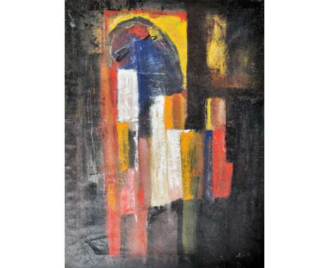 A 20th Century retro vintage oil on canvas painting having a black ground with vibrant block colours in red white &amp; yello