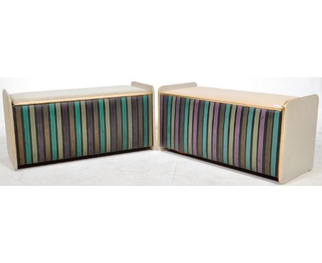 A matching pair of retro vintage mid 20th Century ottoman / blanket boxes / window seats of simple form having padded top and