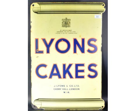 Lyons Cakes - An early 20th Century retro vintage advertising point of sale shop display double sided enamel sign. Bold yello