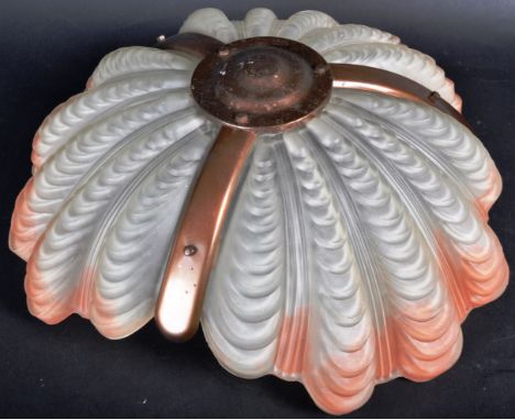 An original retro vintage 1930s Art Deco Odeon type ceiling lamp light fitting / chandelier. The shade formed from three trif