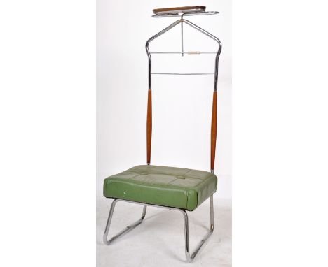 A retro vintage 20th Century gentleman's valet stand comprising of a chrome tubular frame with vibrant green Rexine seat. Mea