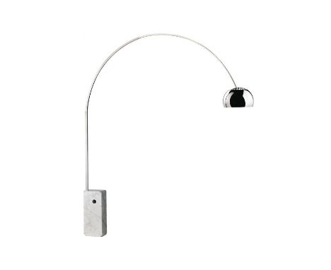 A contemporary  Italian Design floor standing arc lamp light having a milk glass globular shade with adjustable chrome arm ra
