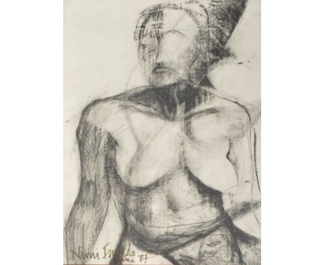 A 20th Century British School retro vintage 1980's charcoal portrait study painting depicting a nude figure. The figure front