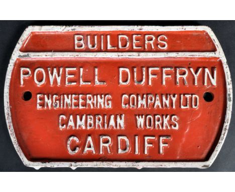 A retro vintage mid 20th Century 1950's industrial cast iron builders sign. The sign having a bold red ground with raised whi