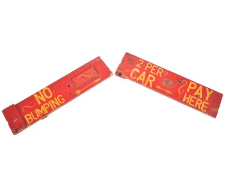 Bumper Cars - Two retro vintage mid 20th Century fairground / funfair hand painted wooden signs with each having yellow lette