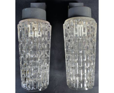 Two retro vintage mid 20h Century glass and teak wall lights. The wall sconces / lamps having bubbled / bubble glass shades w