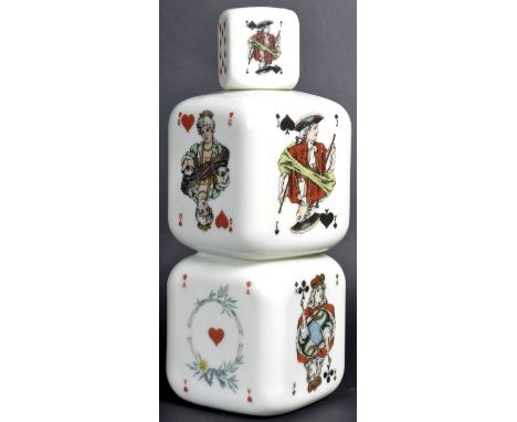A retro vintage mid 20th Century Italian porcelain novelty liquor drinks bottle formed from two offset cubes decorated with p