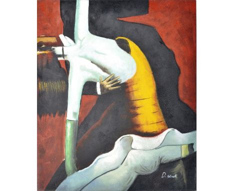 A 20th Century retro vintage oil on canvas surreal abstract painting depicting two dancers. Bold hues of red, yellow &amp; gr