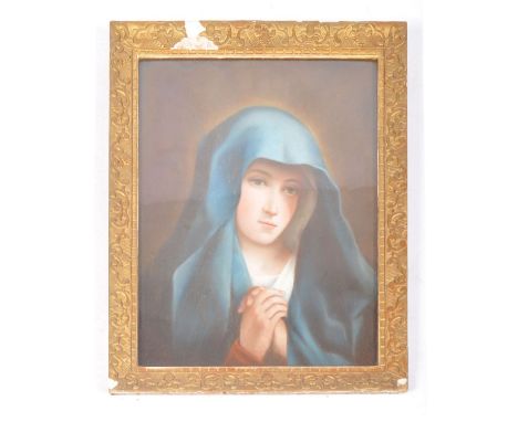 A mid 20th Century French school pastel portrait painting study depicting Mary The Mother. Unsigned. Framed &amp; Glazed. Mea