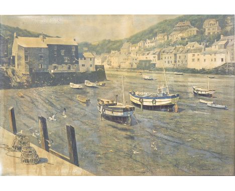 After David Shepherd - 'Low Tide Polperro' - A retro mid 20th Century framed print on board depicting the low tides of the Co