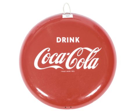 Coca-Cola - An original retro vintage advertising point of sale shop display enamel sign of roundel ' bottle cap ' form. The 