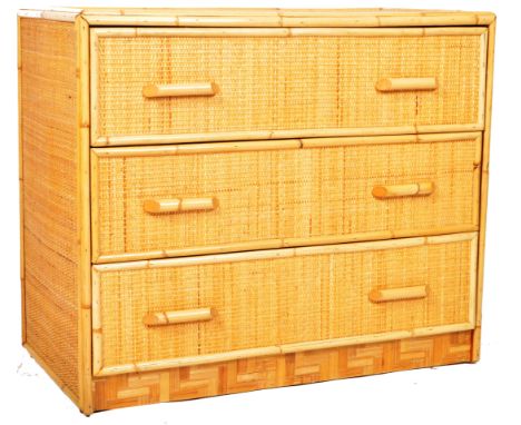 A retro vintage mid 20th Century 1960's bamboo &amp; rattan chest of drawers. The chest comprising of a bank of three drawers