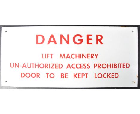 A retro vintage mid 20th Century enamel warning sign. The sign having a white ground with bold red lettering reading Danger L