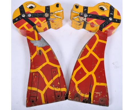 Noah's Ark Ride - Two retro vintage mid 20th Century fairground / funfair hand painted wooden figures in the form of giraffes