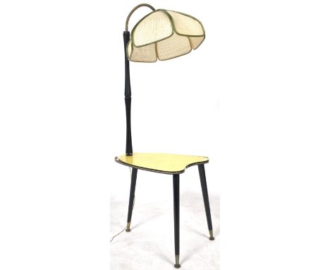 A retro vintage mid 20th Century 1950's formica standard lamp light table having a brass gooseneck arm supported by an ebonis