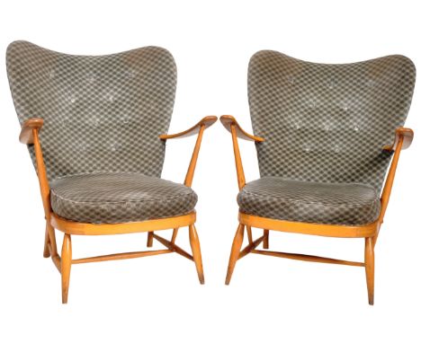 Lucian Ercolani - Ercol - Model 312 - A matching pair of retro vintage mid 20th Century 1956's beech and elm wingback easy / 