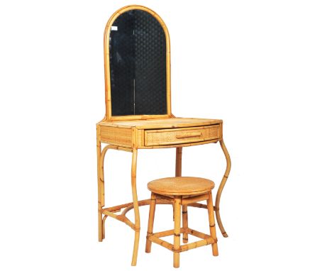 A retro vintage mid 20th Century 1960's bamboo &amp; rattan dressing table / writing table desk with matching stool. The tabl