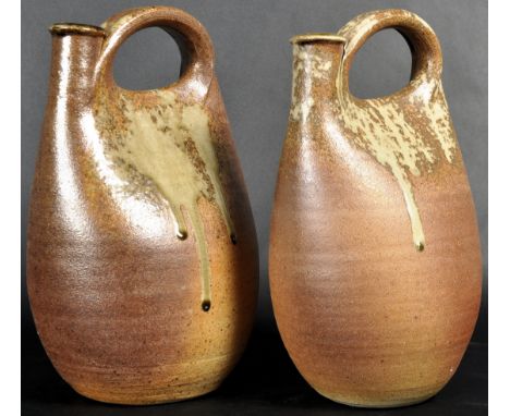 John Leech&nbsp;(born 1939) - Muchelney Pottery - A pair of retro vintage mid 20th Century studio art pottery stoneware flago
