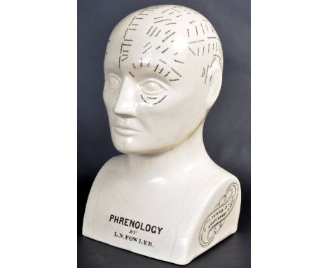 A large vintage 20th century Victorian manner ceramic Phrenology Head crackle glaze cream ceramic bust, marked ' Phrenology B