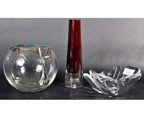 A collection of retro vintage 20th Century studio art glass to include a Aseda glass red conical bubble stem vase, a globular