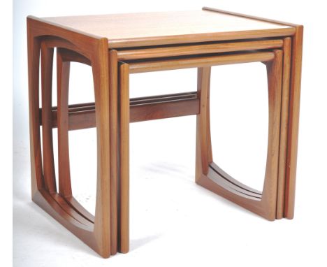 R Bennett - G Plan - Quadrille pattern - A 1970's retro vintage teak wood graduating nest of tables. The three coffee tables 