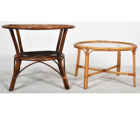 Two retro 20th Century bamboo cane / wicker coffee table / occasional table of circular form having inset glass panel tops. A