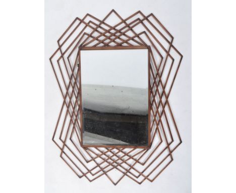 A retro vintage 1980's wall mirror comprising of a central mirror panel in metal frame consisting of multiple overlapping geo