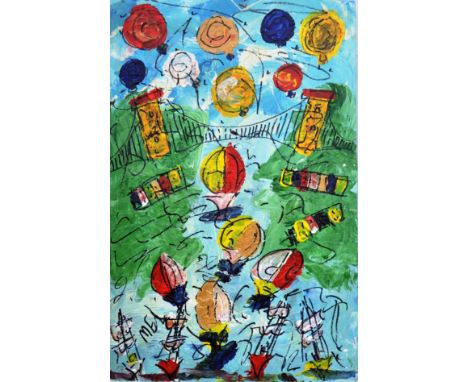 Local Interest - A 20th Century retro vintage abstract oil gouache on board painting depicting an iconic scene of balloons ov