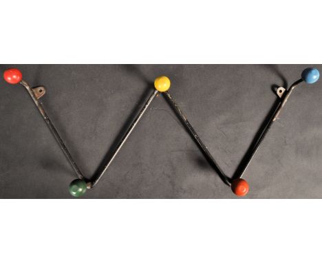 A set of retro vintage mid 20th Century sputnik atomic coat hooks of 'W' shape form with painted multi coloured ball finials 