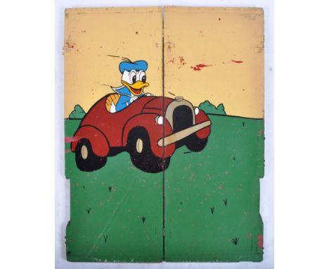 A retro vintage mid 20th Century fairground / funfair paybooth hinged double panel with hand painted decoration depicting Dis