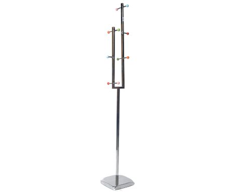 A contemporary retro Atomic style Space Age floor standing coat / stack stand. Polished chrome metal with a two length fork h