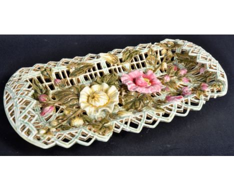 Zsolnay Pecs - A large decorative antique 19th Century Victorian Hungarian porcelain reticulated pierced basket / wall hangin