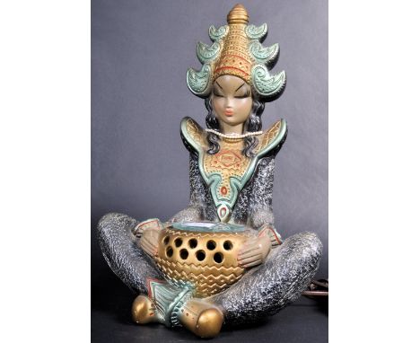 A retro vintage mid 20th Century 1950's Tretchikoff era chalkware Thai girl lamp light being polychrome decorated with hand p