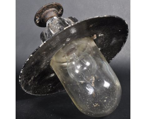 Coughtrie of Glasgow - A retro vintage mid 20th Century enameled industrial exterior light having a thicked hanging domed gla