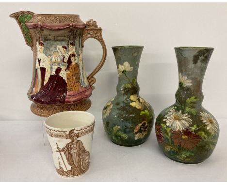 4 pieces of antique and vintage ceramics.  A pair of Victorian hand painted floral design vases (1 a/f), a large Burleigh War