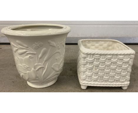 2 ceramic planters. A white ceramic Poole Pottery basket weave design planter.  Together with a floral design white ceramic r