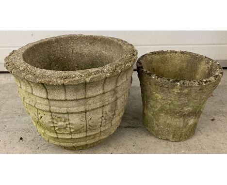 2 vintage round concrete garden planters. Largest has floral decoration.   Largest approx. 29cm tall x 39cm diameter.