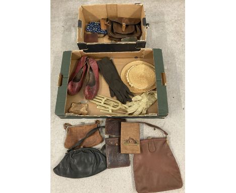 2 boxes of vintage leather handbags, purses and clothing accessories.  To include a pair of red leather Aladdin style shoes, 
