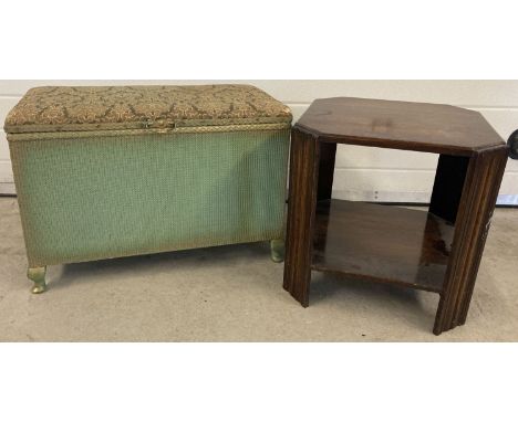 An Art Deco medium oak side/occasional table with under shelf.  Together with a green and gold Lloyd loom style basket ware o