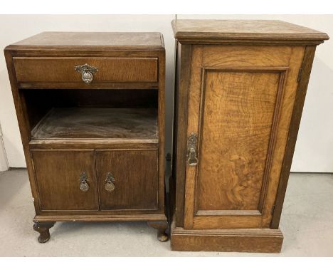 A vintage walnut veneer single door pot cupboard with interior shelf.  Together with a vintage oak veneer bedside cabinet wit